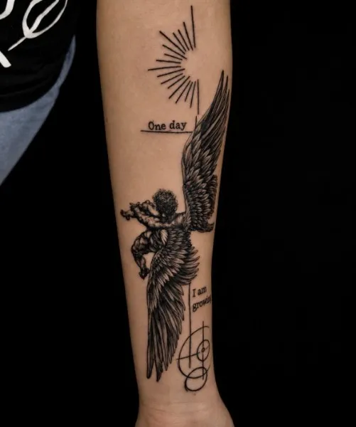 Winged cherub — Fine-line illustrative tattoo on forearm